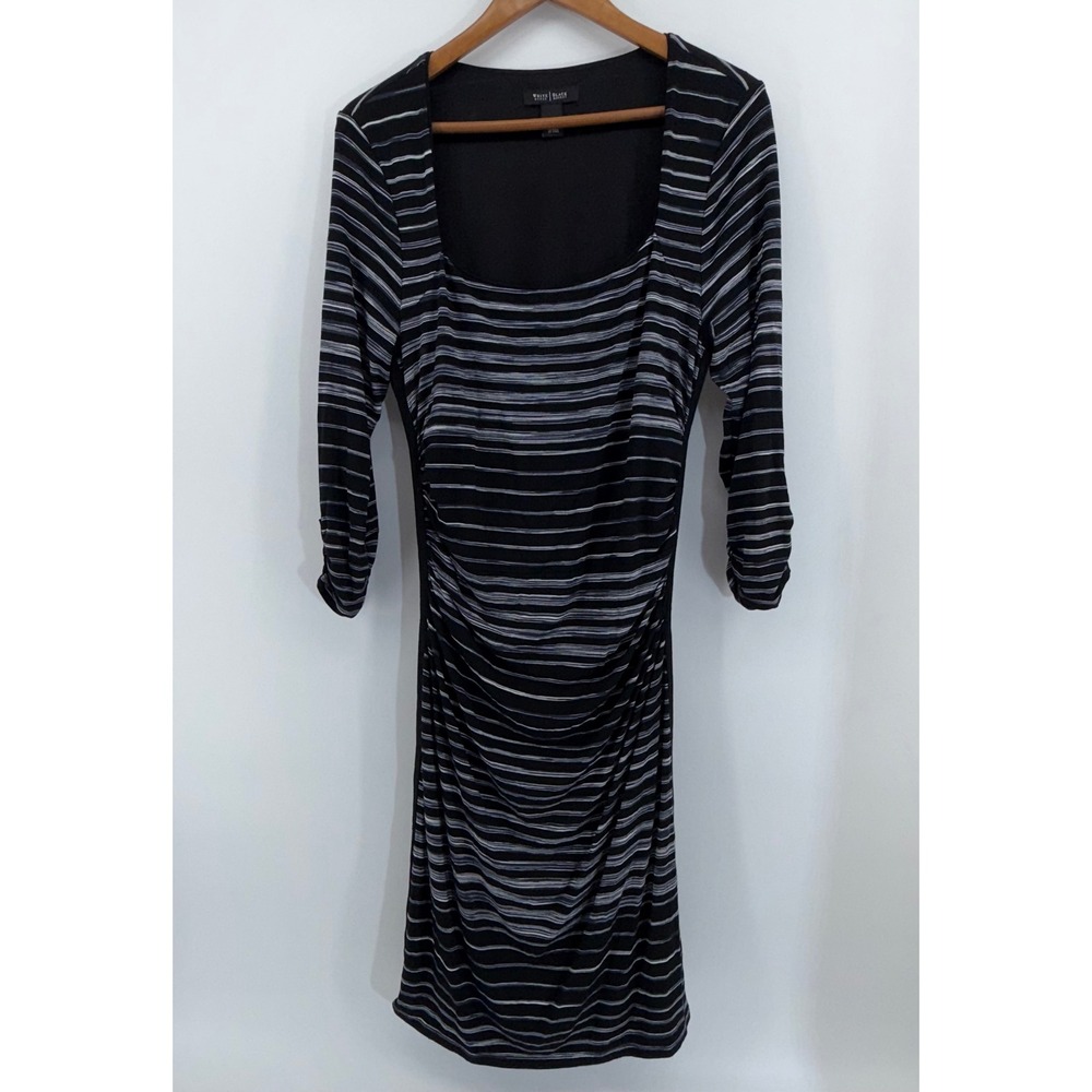 White House Black‎ Market Striped Ruched Sheath Dress Black White Square Neck L - Picture 3 of 7